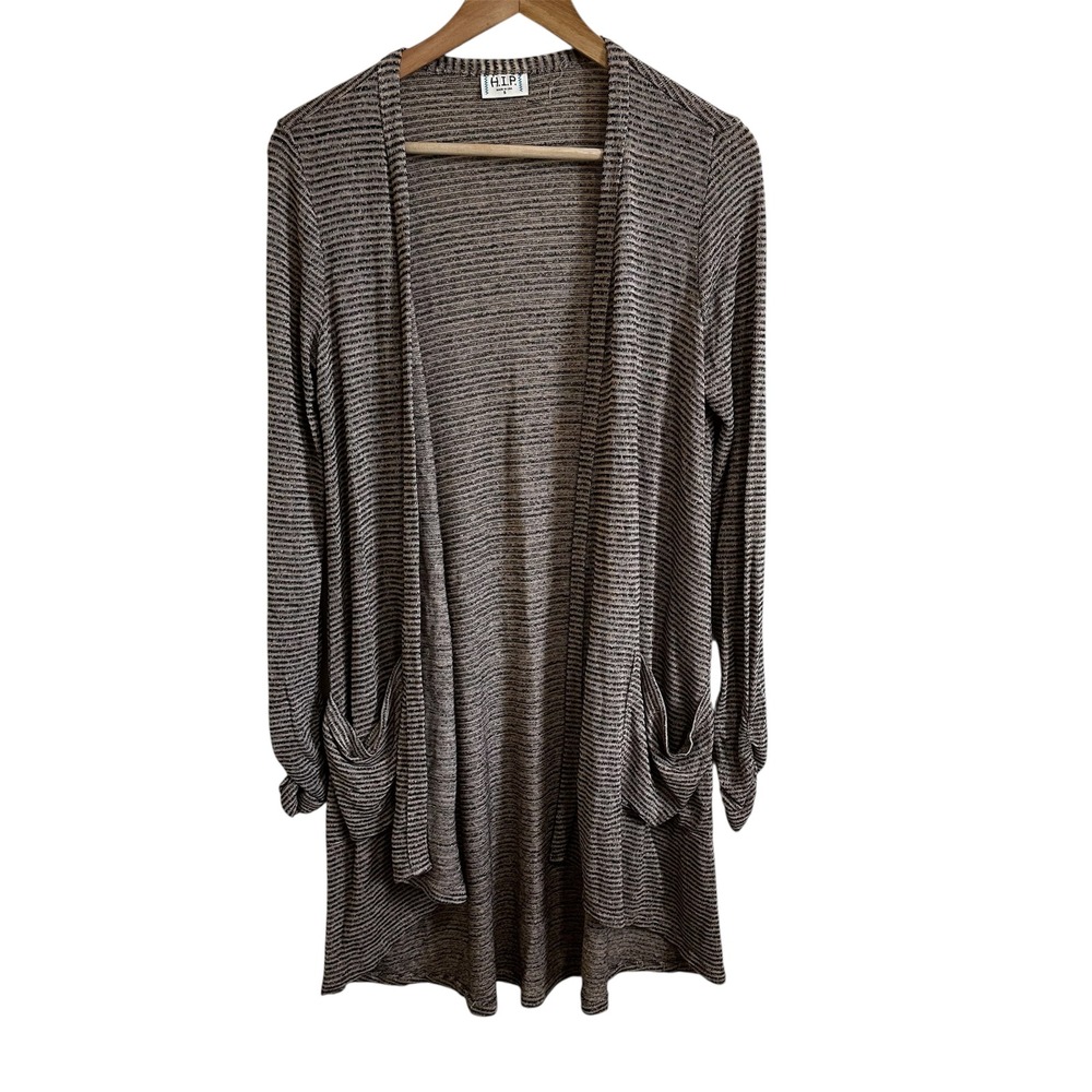 H.I.P. Striped Duster Cardigan Open Front Pockets Long Sleeve Casual S
